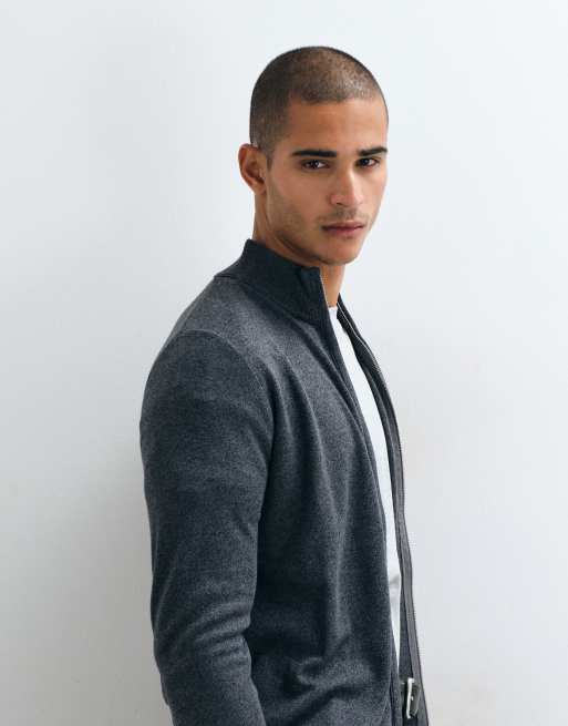Brave Soul zip through funnel neck knitted jumper in charcoal twist, 5 of 5