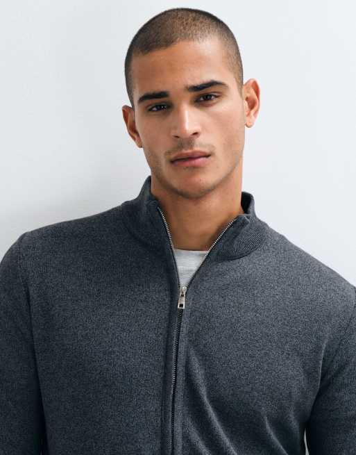 Brave Soul zip through funnel neck knitted sweater in charcoal twist, 3 of 5