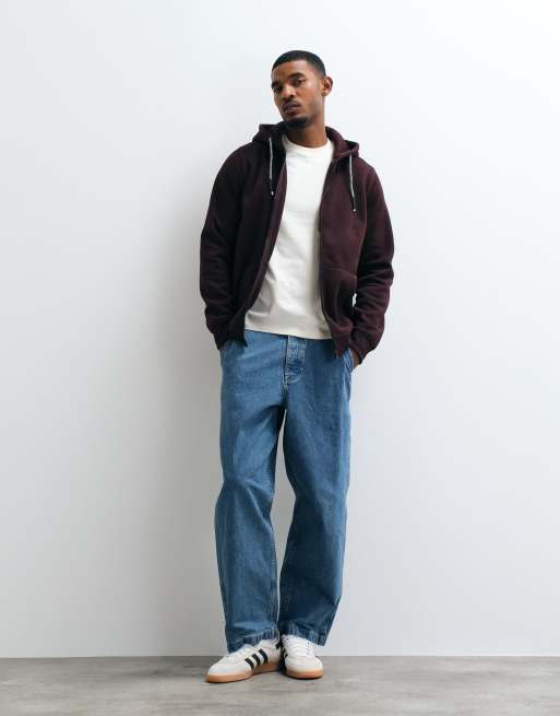 Brave Soul zip through hoodie with drawcords in burgundy, 2 of 5