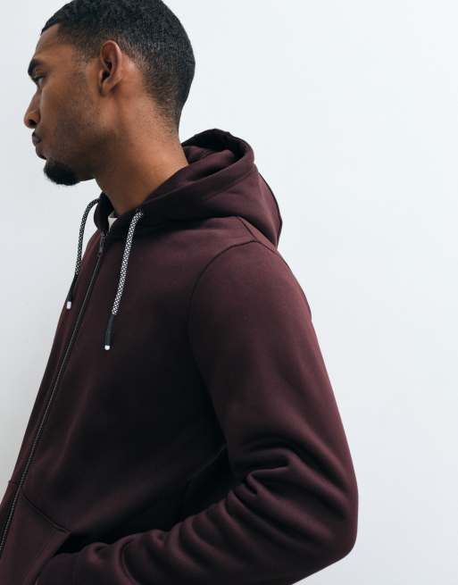 Brave Soul zip through hoodie with drawcords in burgundy, 3 of 5