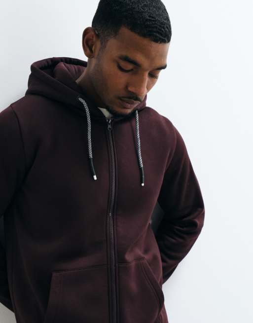 Brave Soul zip through hoodie with drawcords in burgundy, 5 of 5