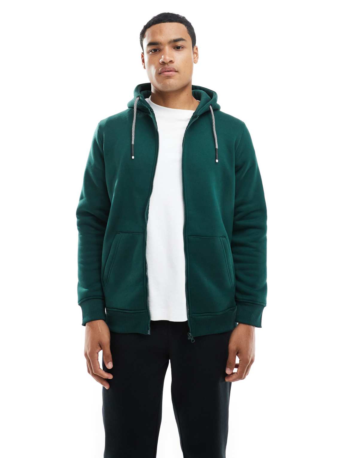 Brave Soul zip through hoodie with drawcords in dark green