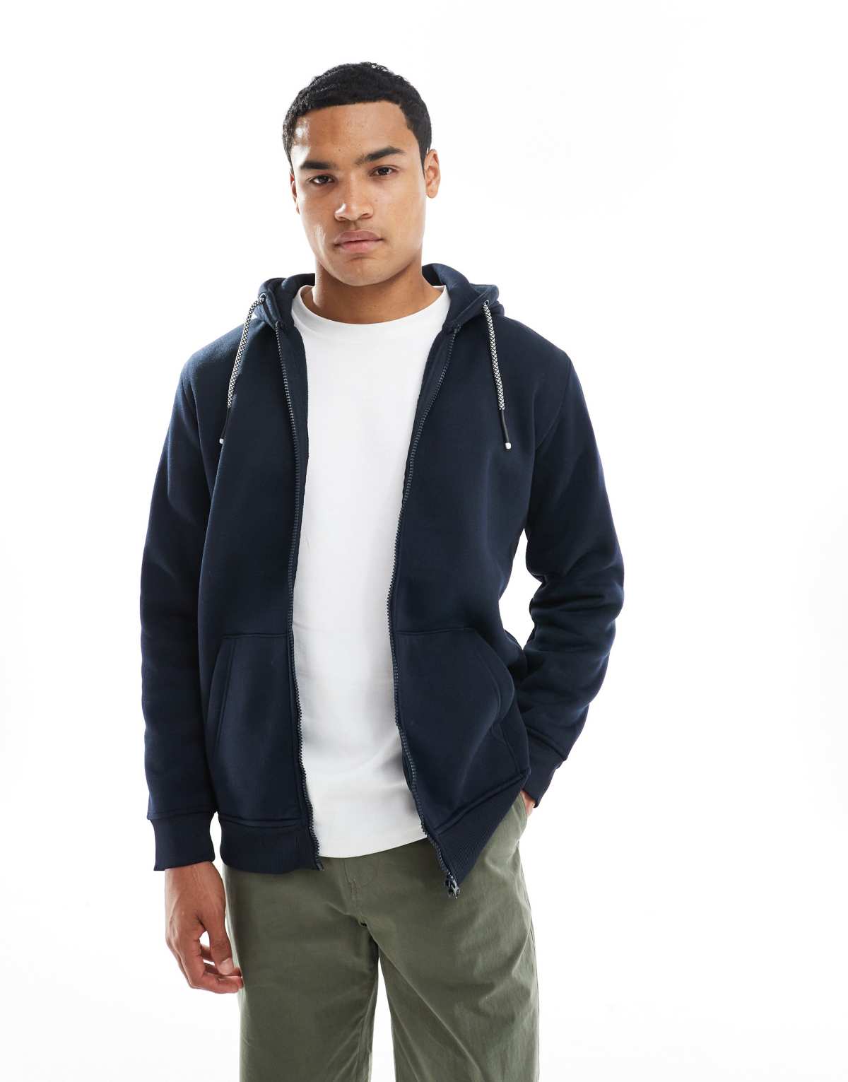 Brave Soul zip through hoodie with drawcords in navy
