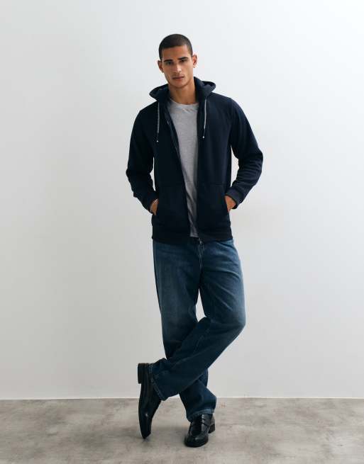Brave Soul zip through hoodie with drawcords in navy, 3 of 5