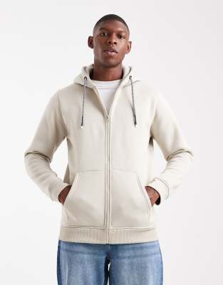 Brave Soul Zip Through Hoodie With Drawcords In Neutral
