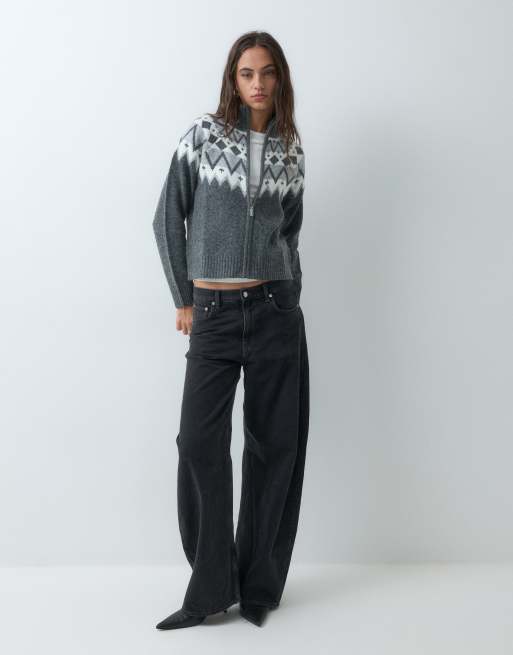 Brave Soul zip through jumper with cream argyle print in grey, 2 of 5