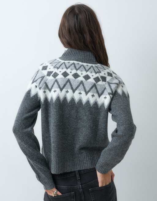 Brave Soul zip through jumper with cream argyle print in grey, 3 of 5