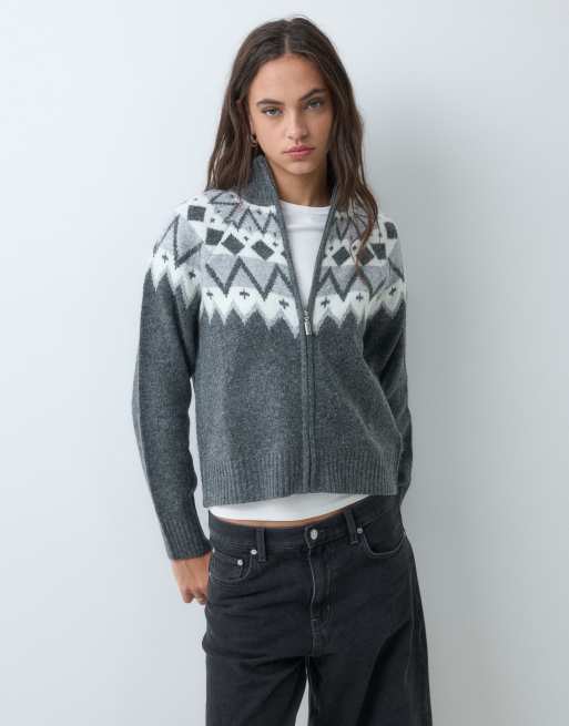 Brave Soul zip through jumper with cream argyle print in grey, 5 of 5