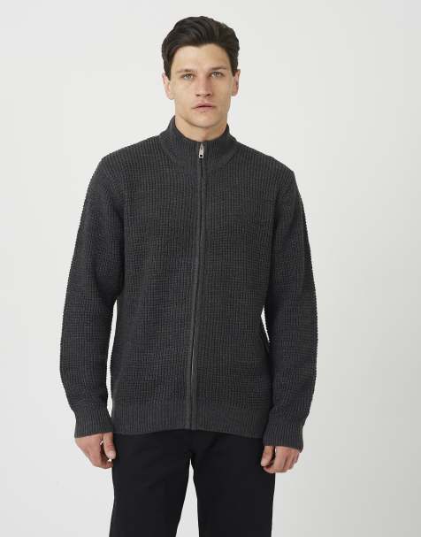 Brave Soul Zip through waffle knit jumper in charcoal - view 1