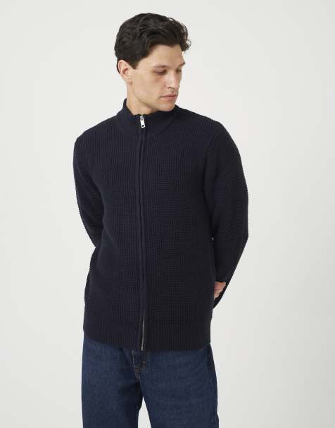 Brave Soul Zip through waffle knit jumper in navy - view 1