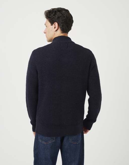 Brave Soul Zip through waffle knit jumper in navy, 2 of 4