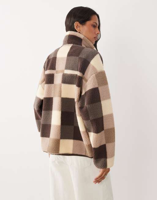 Brave Soul zip up fleece in brown and cream plaid, 4 of 4
