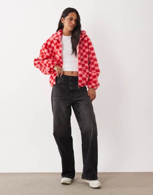 Brave Soul zip up fleece with checkerboard print in pink and red, 2 of 4