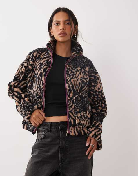 Brave Soul zip up fleece with contrasting zip in brown animal print - view 1