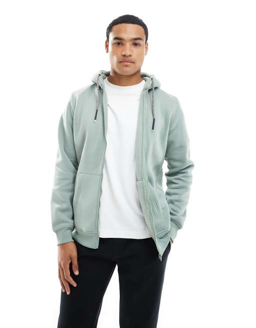 Brave Soul zip up hoodie with drawstring in mineral green