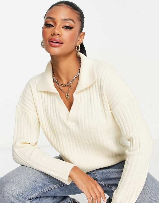 Brave Soul zulu v-neck polo sweater in cream