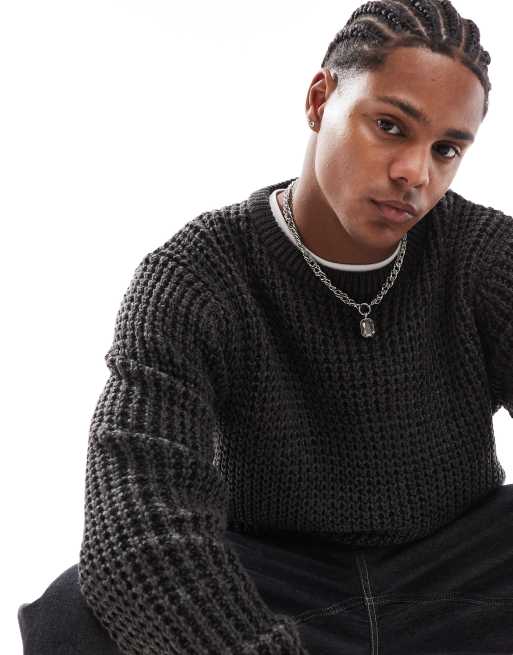 Bravesoul heavyweight pineapple stitch jumper in black & charcoal twist, 2 of 4