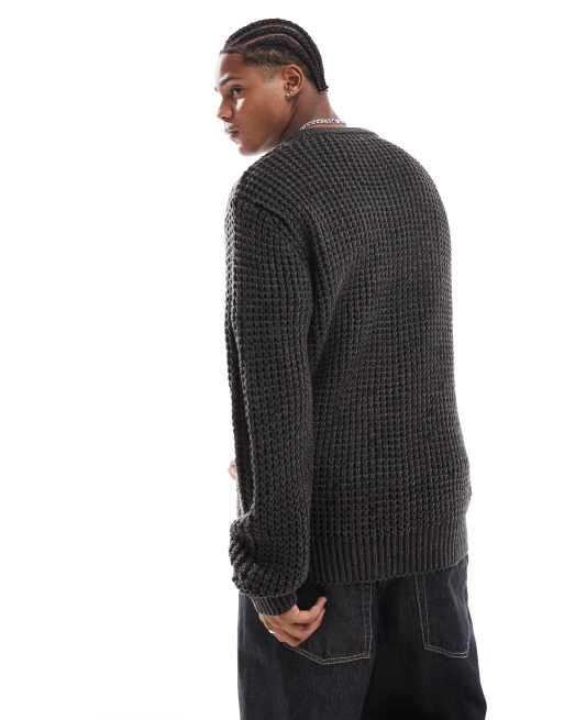 Bravesoul heavyweight pineapple stitch jumper in black & charcoal twist, 3 of 4