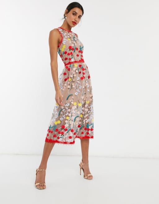 Bronx Banco ivanka embroidered midi dress in multi