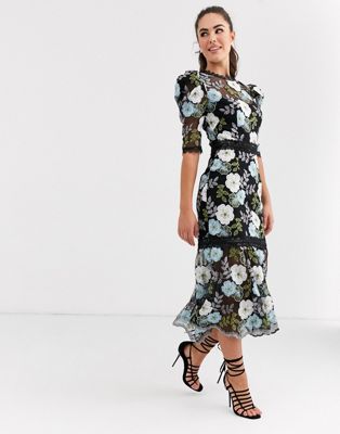 Bronx & Banco - Palette - Halflange geborduurde jurk met gewatteerde mouwen-Multi