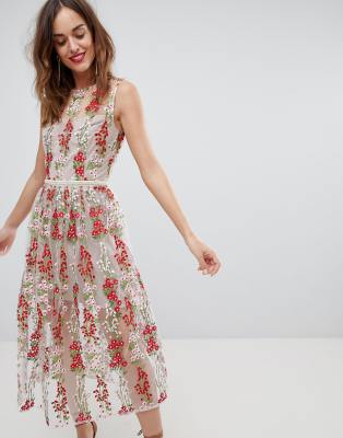 crew neck floral embellished midi dress