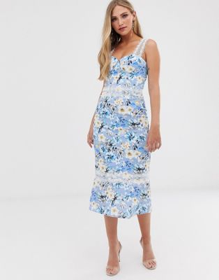 blue and white floral midi dress