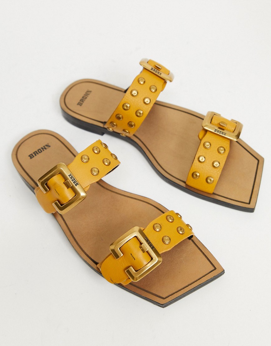BRONX big buckle square toe slip on mules in mustard leather-Yellow