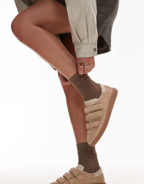 Bronx Bobbie gum sole trainers with velcro straps in suede sand - view 1