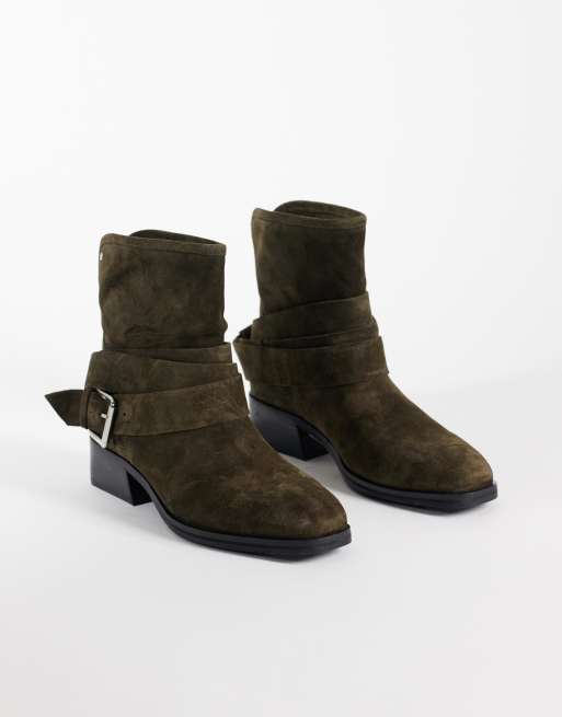 Bronx Brod-ey buckle detail ankle boots in khaki oily suede, 2 of 4