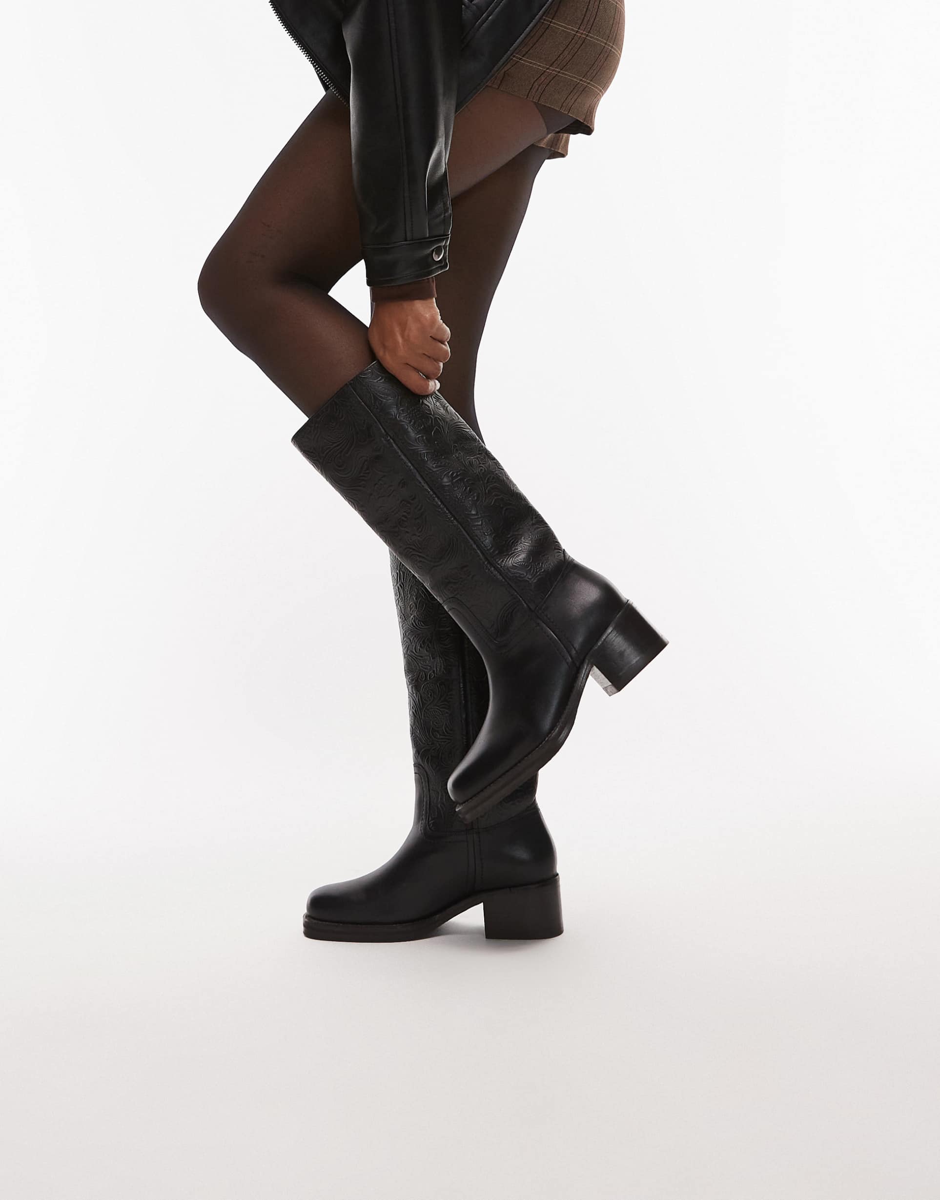 bronx embossed knee boots in leather black
