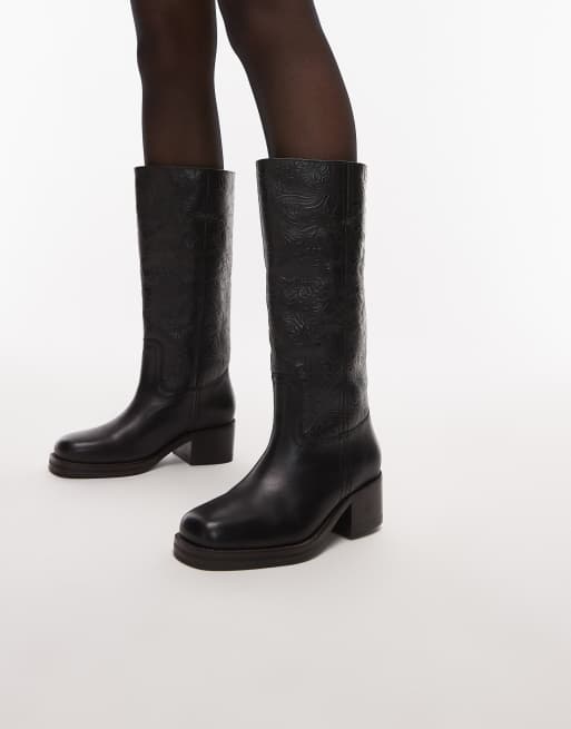 Bronx Embossed Knee Boots In Leather Black ASOS