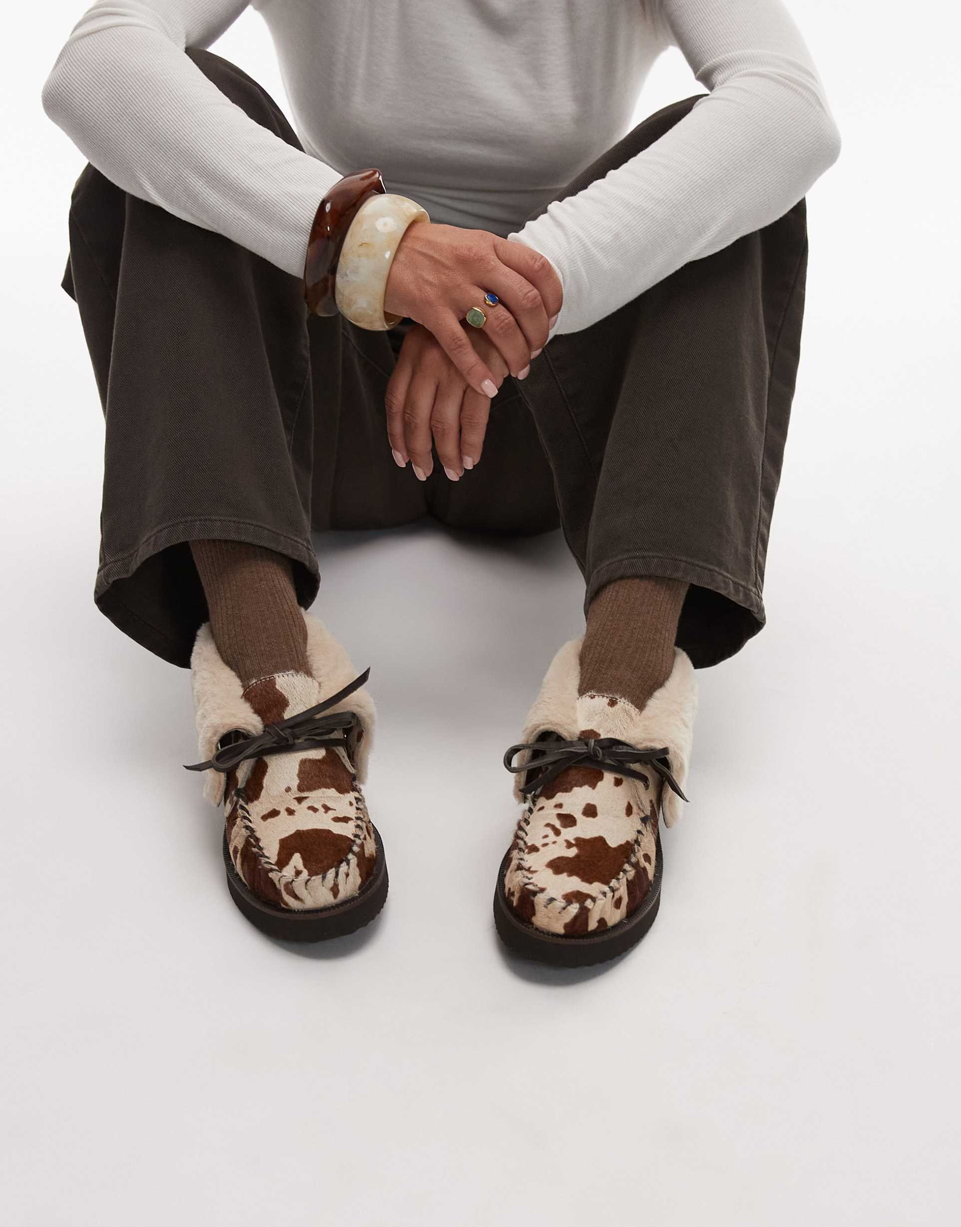 bronx fluffy detail lace up loafers in suede faux cow