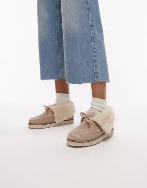Bronx fluffy detail lace up loafers in suede oatmilk