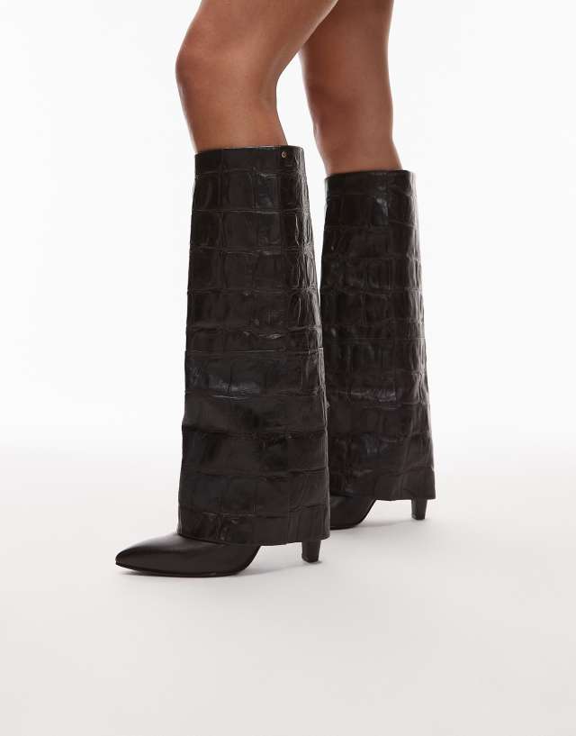 Bronx fold over knee boots in croc brown | ASOS