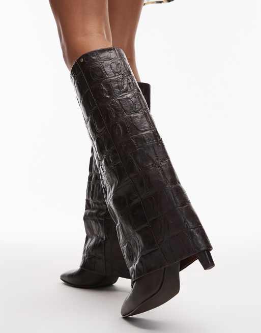 Bronx fold over knee boots in croc brown | ASOS