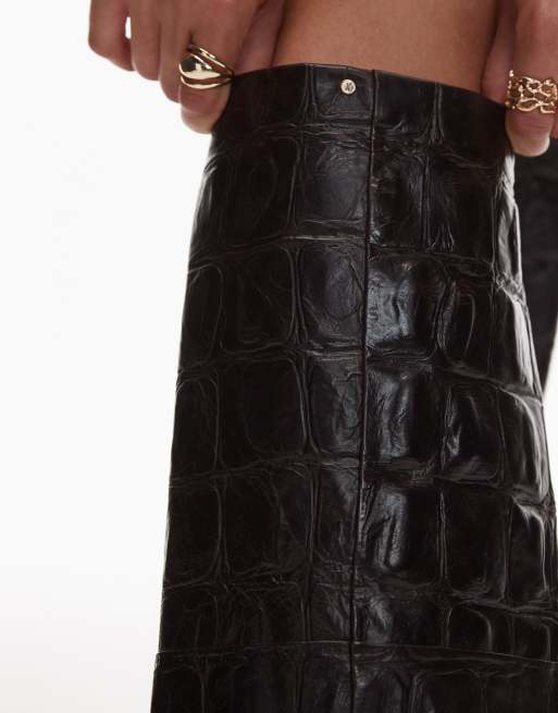 Bronx fold over knee boots in croc brown | ASOS