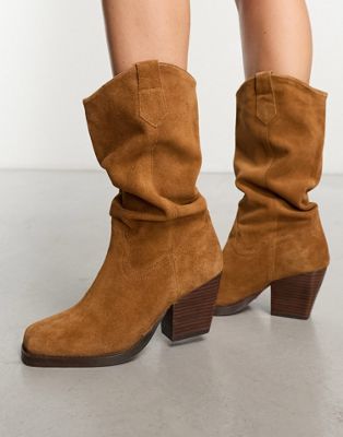 Bronx Fuzzy ruched western boots in chestnut suede