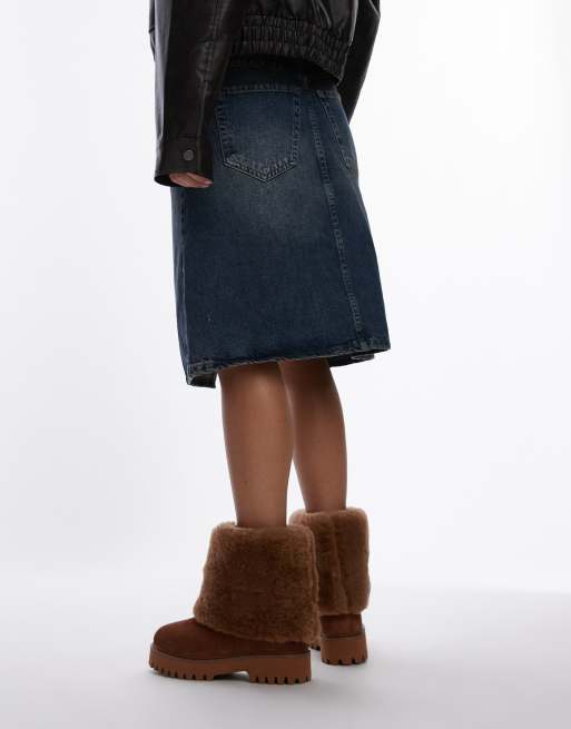 Bronx Groov-y shearling fold over ankle boots in cognac suede, 3 of 4