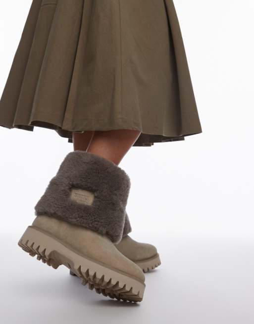 Bronx Groov-y shearling fold over ankle boots in oatmilk suede, 3 of 4