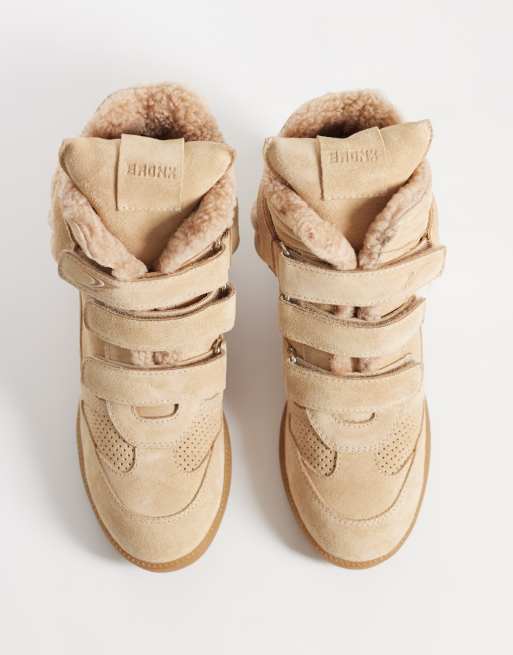 Bronx Jae-yy suede wedge trainers in shearling sand, 2 of 4
