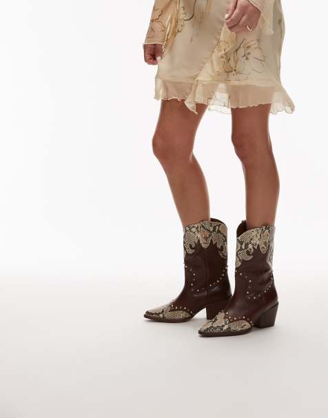 Bronx Jukeson beaded western ankle boots in chocolate and snake leather - view 1
