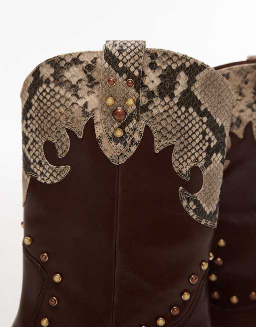 Bronx Jukeson beaded western ankle boots in chocolate and snake leather, 3 of 4