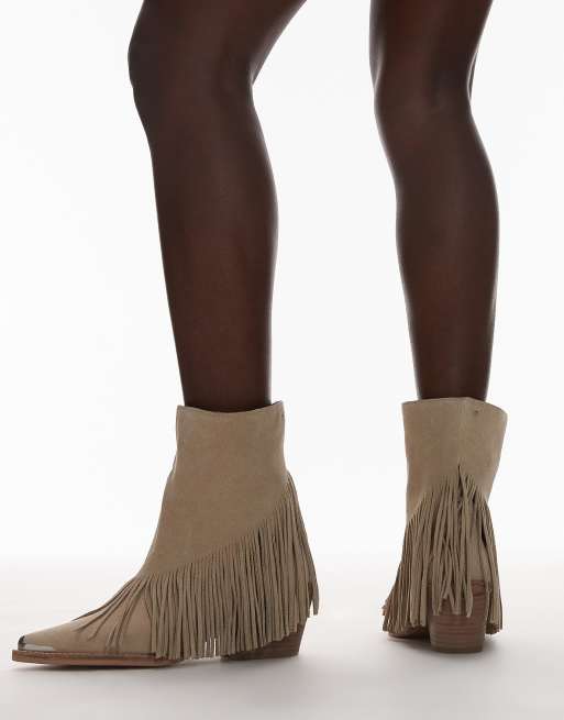 Bronx - Jukeson - Stivaletti stile western color avena in camoscio con frange, 4 di 4