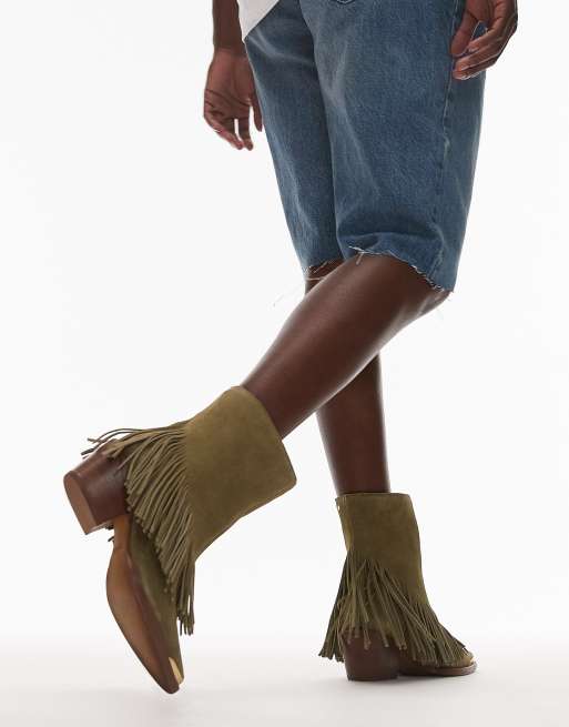Bronx Jukeson tassel western ankle boots in suede khaki green, 3 of 4