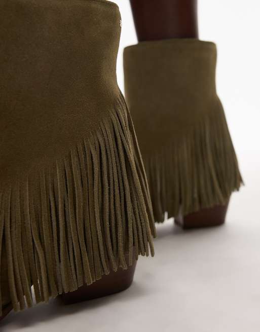 Bronx Jukeson tassel western ankle boots in suede khaki