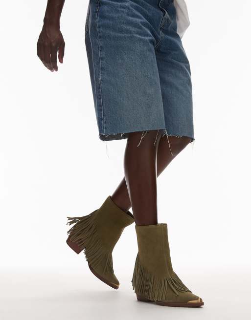 Bronx Jukeson tassel western ankle boots in suede khaki