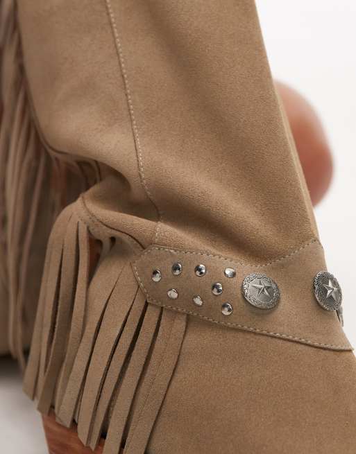 Bronx – Kendr-a – Jasnobeżowe zamszowe botki do kolan w kowbojskim