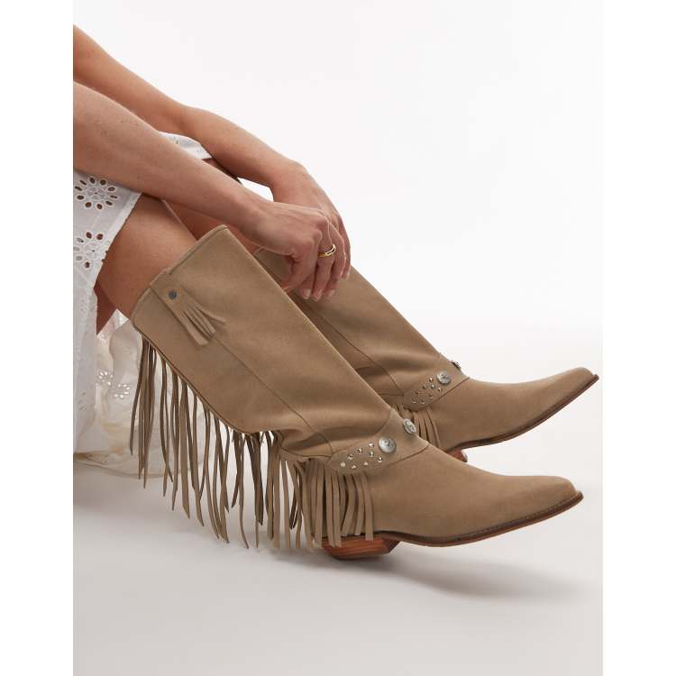 Gonna In Finta Pelle Scamosciata Con Frange – Orlo Asimmetrico, Vita Alta, Stile Western Cowgirl Per Donna