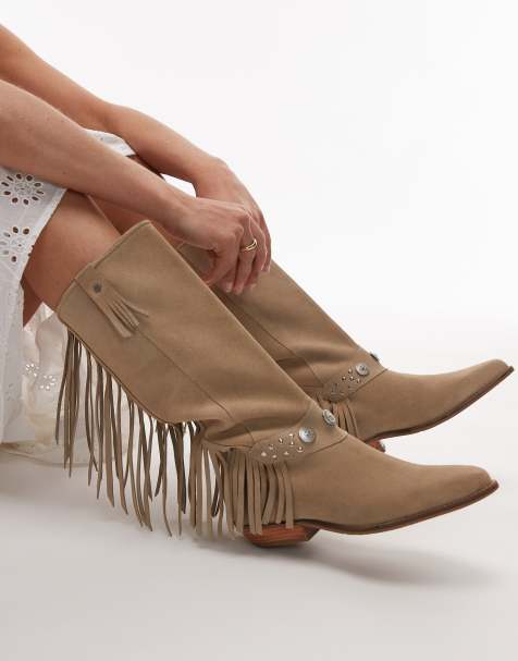 Bronx Kendr-a tassel western knee boots in oatmilk washed suede - view 1