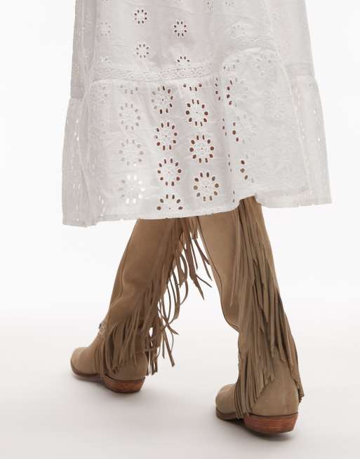 Bronx Kendr-a tassel western knee boots in oatmilk washed